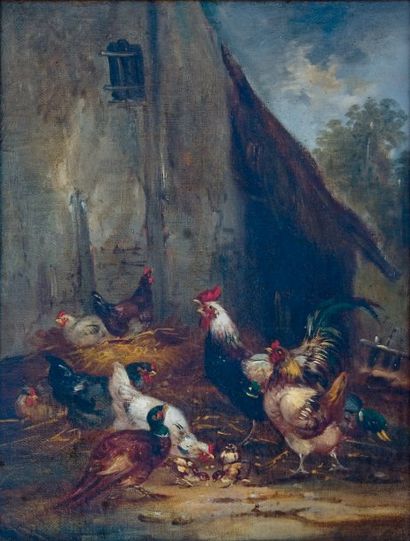 Claude GUILLEMINET (1821-1860) « Basse-cour » Paire d'huiles sur toile. Signée en...