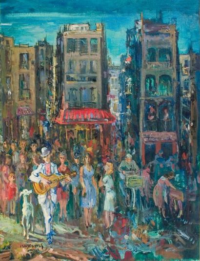 Pedro CREIXMANS (1893-1965) « Quartier animé le soir » Huile sur toile. Signée en...