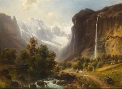 Heinrich HOFER (Eisfeld 1825 - Munich 1878) « Paysage de montagnes » Toile. Signée,...