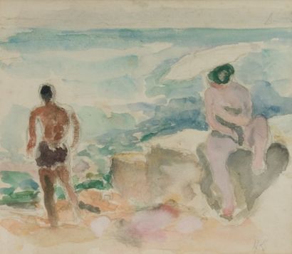 Henri LEBASQUE (1865-1937) « Couple de baigneurs » Aquarelle monogrammée en bas à...