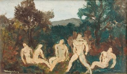 Jean MAYODON (1893-1967) « Personnages nus en forêt » Huile sur carton. Signée en...