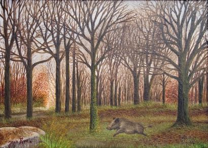 Jean EVE (1900-1968) « Sanglier en forêt » Huile sur toile. Signée en bas à gauche,...