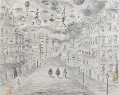 null « Les funambules, 1961 » Crayon Signé en bas à droite et daté 40 x 53 cm (Déchirures...