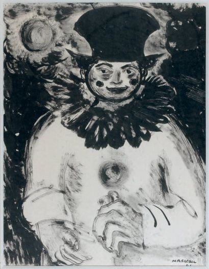 null « Le clown sous la lune, 1961 » Encre de chine. Signée en bas à droite et datée...