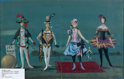 Jacques NOEL, né en 1924 « Troupe de cirque 1958 » Aquarelle. Non signée. (Pliures...