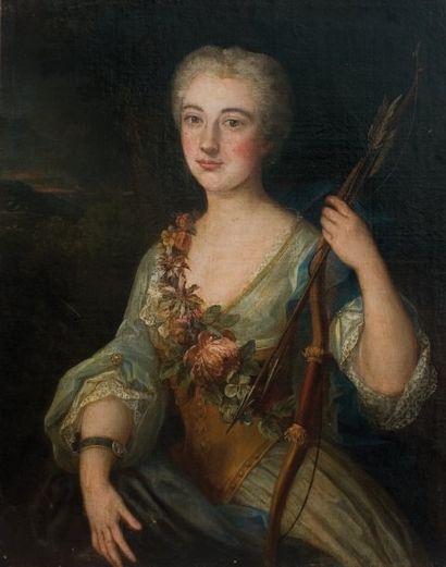 Ecole FRANÇAISE du XVIIIe siècle « Portrait de femme en Diane » Huile sur toile (sans...