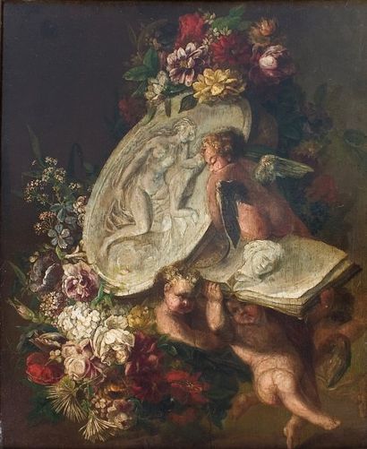 Ecole FRANÇAISE du XIXe siècle « Angelots et fleurs » Huile sur panneau. 43,5 x 35...