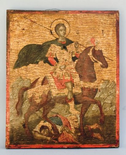 null Icône sur fond d'or représentant Saint Demetrius à cheval. Grèce XIXe siècle....