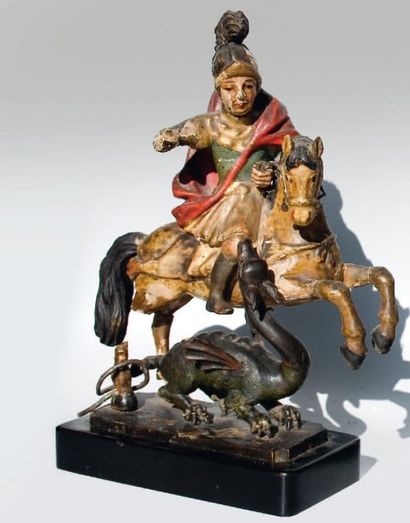 null Saint Georges à cheval terrassant le dragon en bois, polychrome et doré. Autriche...