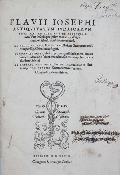 FLAVIUS JOSEPH. Antiquitatum Iudaicarum Libri XX. Bâle, Froben 1548, in-folio, reliure...