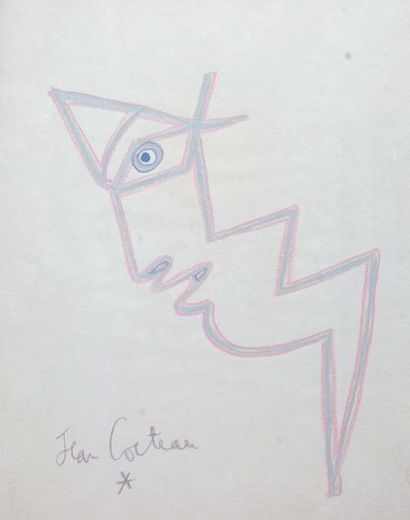 Jean COCTEAU (1889-1963) Visage Crayons de couleur, signé en bas à gauche 27 x 21...