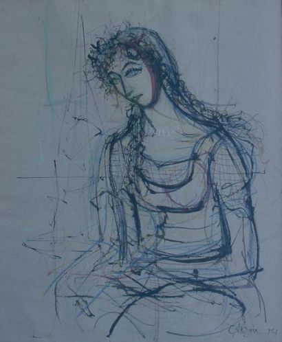 Jean CARZOU (1907-2000) Jeune femme, 1954 Encre, aquarelle et crayons de couleur...