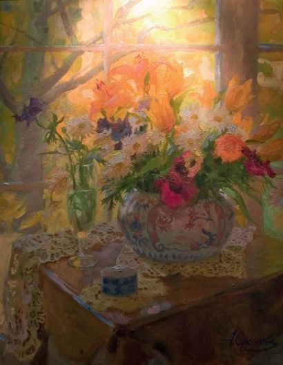 Anastasia SOKOLOVA (ne en 1967) Ecole de Saint-Petersbourg Vase de fleurs Huile sur...