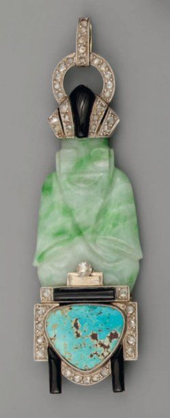 null PENDENTIF Bouddha1920,en platine,jade,turquoise,diamants SASPORTAS