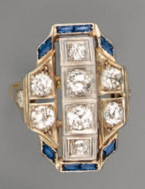 null BAGUE 1920, en or, platine, diamants, saphirs calibrés