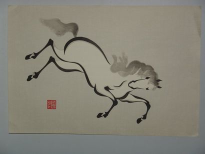 JAPON Trois estampes d'Aoyama, à sujet de chevaux. Vers 1930.