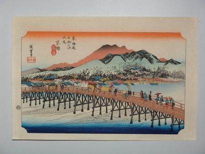 JAPON Trois estampes de Hiroshige, série du grand Tokaido, les stations 35 « Yoshida,...