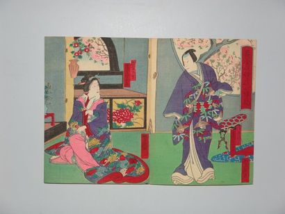 JAPON Trois estampes dont un diptyque de Yoshitaki, et Hirosada, représentant des...