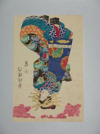 JAPON Estampe de Yoshikazu, une jeune femme en kimono de fête. Vers 1865.
