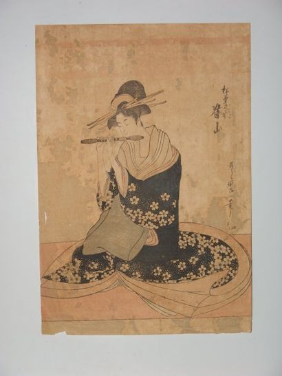 JAPON Estampe d'Utamaro, une musicienne de la maison de thé Matsuba-ya. Vers 179...