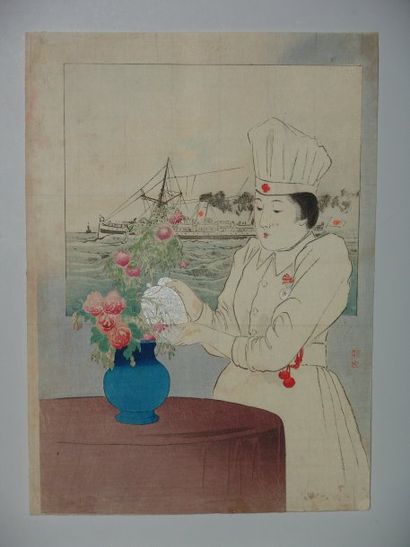 JAPON Trois estampes de Keishu, représentant des femmes, dont une montrant une infirmière...