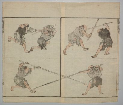 JAPON Double page de manga, volume 6 « Arts martiaux », de Hokusai. Vers 1830.