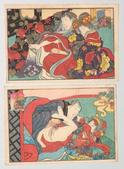 JAPON Deux estampes érotiques de Kunisada, couples enlacés.Vers 1845.