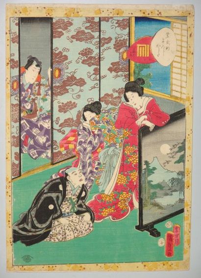 JAPON Estampe de Kunisada, série du prince Genji, le prince et sa suite admirent...