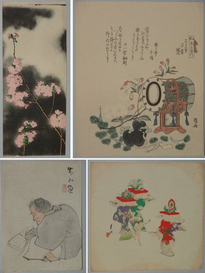 JAPON Quatre estampes de Shinsai et autres, à sujets divers.Vers 1895.