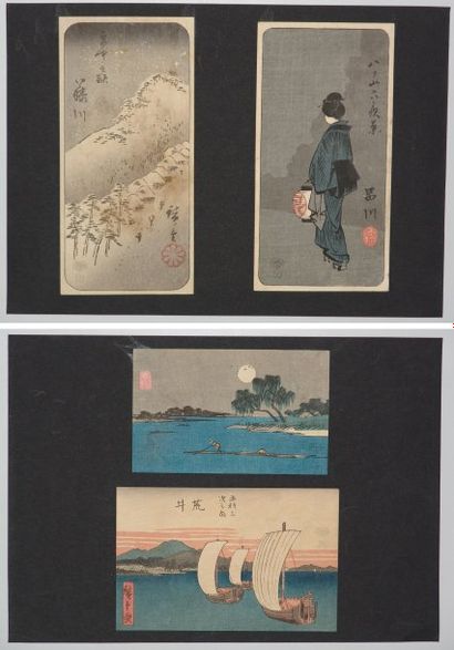 JAPON Quatre petites estampes de Hiroshige, représentant des paysages.Vers 1900.