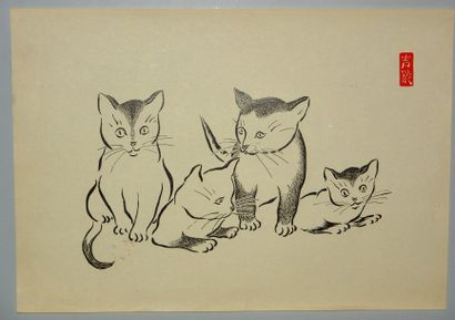 JAPON Estampe de Girin, quatre chatons.Vers 1930.