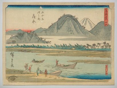 JAPON Estampe de Hiroshige, série du Tokaido, station 16 « Kambara ».Vers 1850.