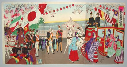 JAPON Estampe de Chikanobu, l'empereur et sa suite à une exposition internationale....