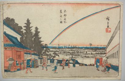 JAPON Estampe de Hiroshige, série Toto Meisho, Kasumigaseki sous un arc en ciel.Vers...