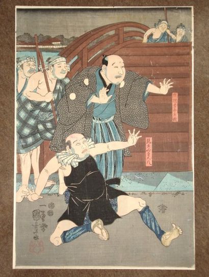 JAPON Estampe de Kuniyoshi, des hommes devant un pont. XIXe s.