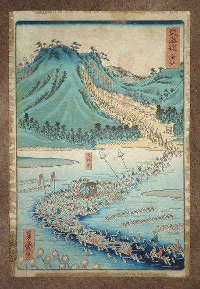 JAPON Estampe de Yoshimori, série du Tokaido, station 25 « Kanaya ». 1863.