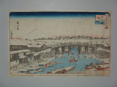 null Estampe de Hiroshige, série Edo Meisho, le pont Nihonbashi sous la neige.Vers...
