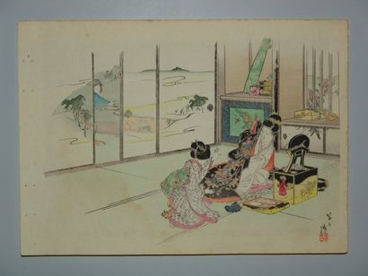 JAPON Estampe de Hanko, les fables de Florian, la coquette et l'abeille. 1894.