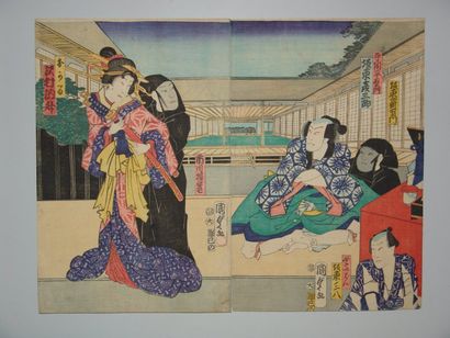 null Estampe de Kunisada, diptyque, scène du théâtre Kabuki. 1861.