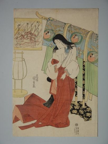 null Estampe de Kunisada, une jeune femme noue son kimono.Vers 1825.