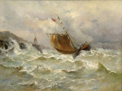 MAILLARD Emile (1846-1926) « Bateau de pêche se présentant devant un port par grosse...