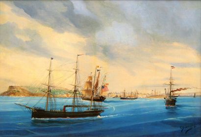 DUBREUIL Chéri (1828-1880) Peintre de la Marine « Navires americain et espagnol devant...