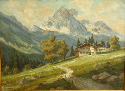 UNGER Wolfgang Heinz (Allemagne 1929) « Vue de montagne sous la neige avec deux chalets...