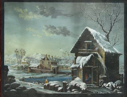 ECOLE SUISSE (XIXeme siècle) « Paysage de bord de lac sous la neige » Gouache. 36...