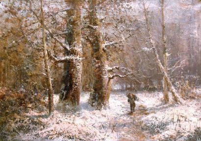 GODCHAUX Emile (1860-1938) « Paysage de forêt sous la neige » Huile sur toile signée...