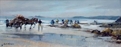 E. SEVELLEC (1897-1971),Peintre de la marine « Les ramasseurs de Varech à l'Ile de...