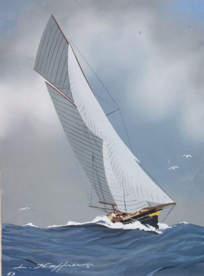 Léon HAFFNER (1881-1972)Peintre de la Marine « Yacht vu par babord amure » Gouache...