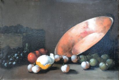 François RIBOL « Nature morte aux fruits » Huile sur toile, signée en bas à droite....