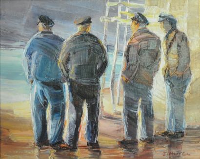 J. MUTEL, XXe siècle « Quatre pêcheurs » Huile sur toile. 31 x 40,5 cm.