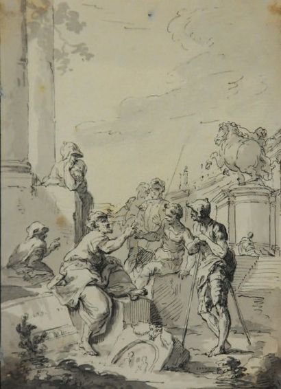Entourage de Giovanni Paolo PANNINI (1691-1765) « Personnages et architecture » Encre...